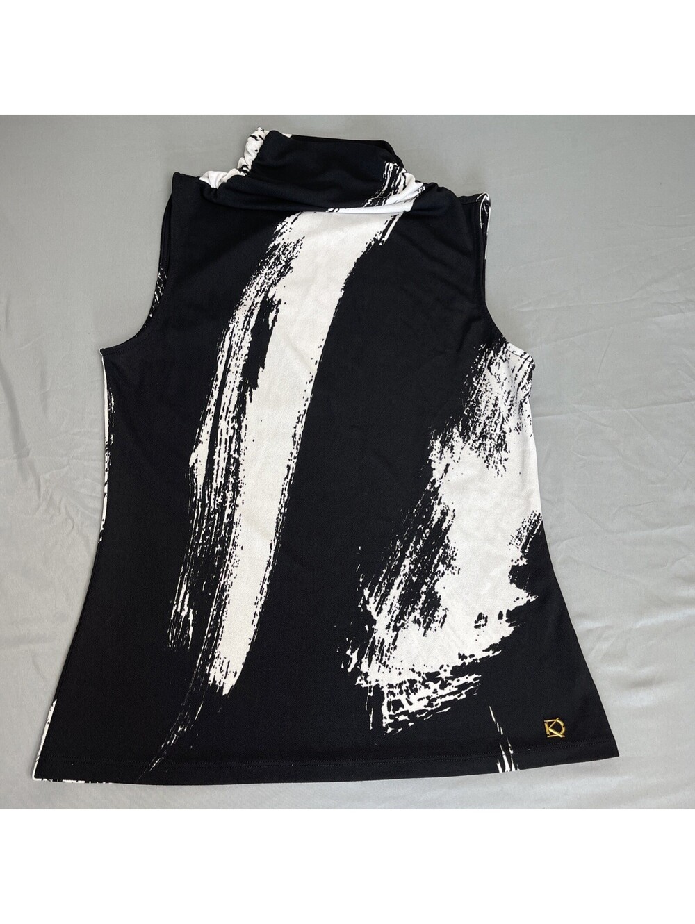 Donna Karen Mock Neck Draped Sleeveless Blouse Brushstrokes Black-And-White SM
